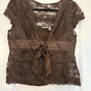 NEW Apt. 9 Petite Brown Lace Deep V Neck Satin Bow Blouse Short Sleeve PL
